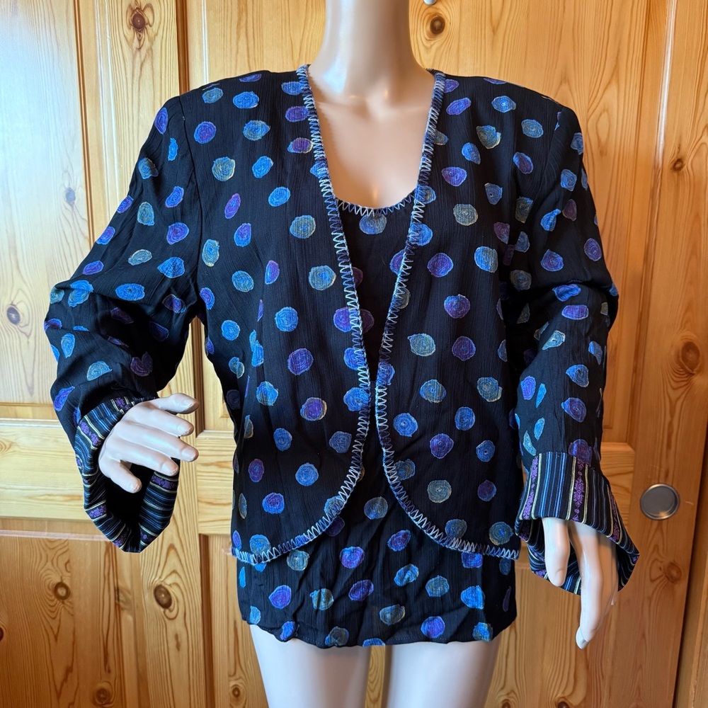 Vintage Marsha Brander Componix Artsy 2 Pc Jacket Top Blue Black L Boho Hippie